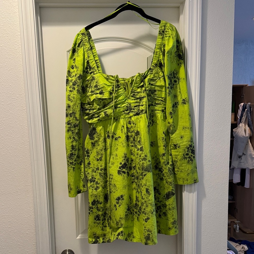 Ganni Neon Green and Black Mini Dress